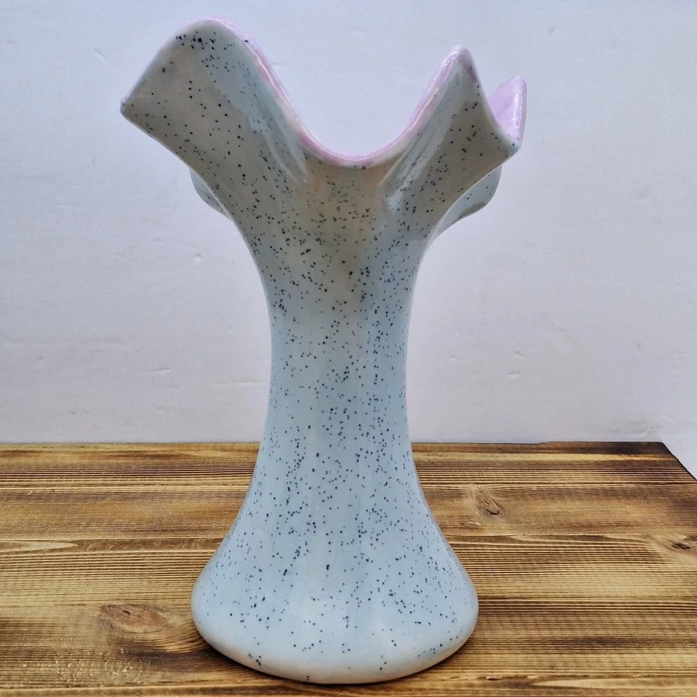 Art Ceramic Swung Vase‎ Artist Initials Speckled Grey  Pink Inside 8